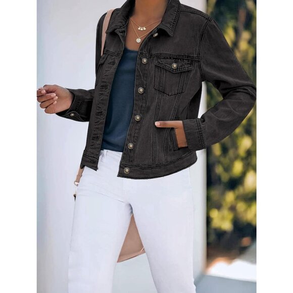 Women's Button Down Stretch Fitted Long Sleeves Denim Jean Jacket Vintage Black - Picture 7 of 9